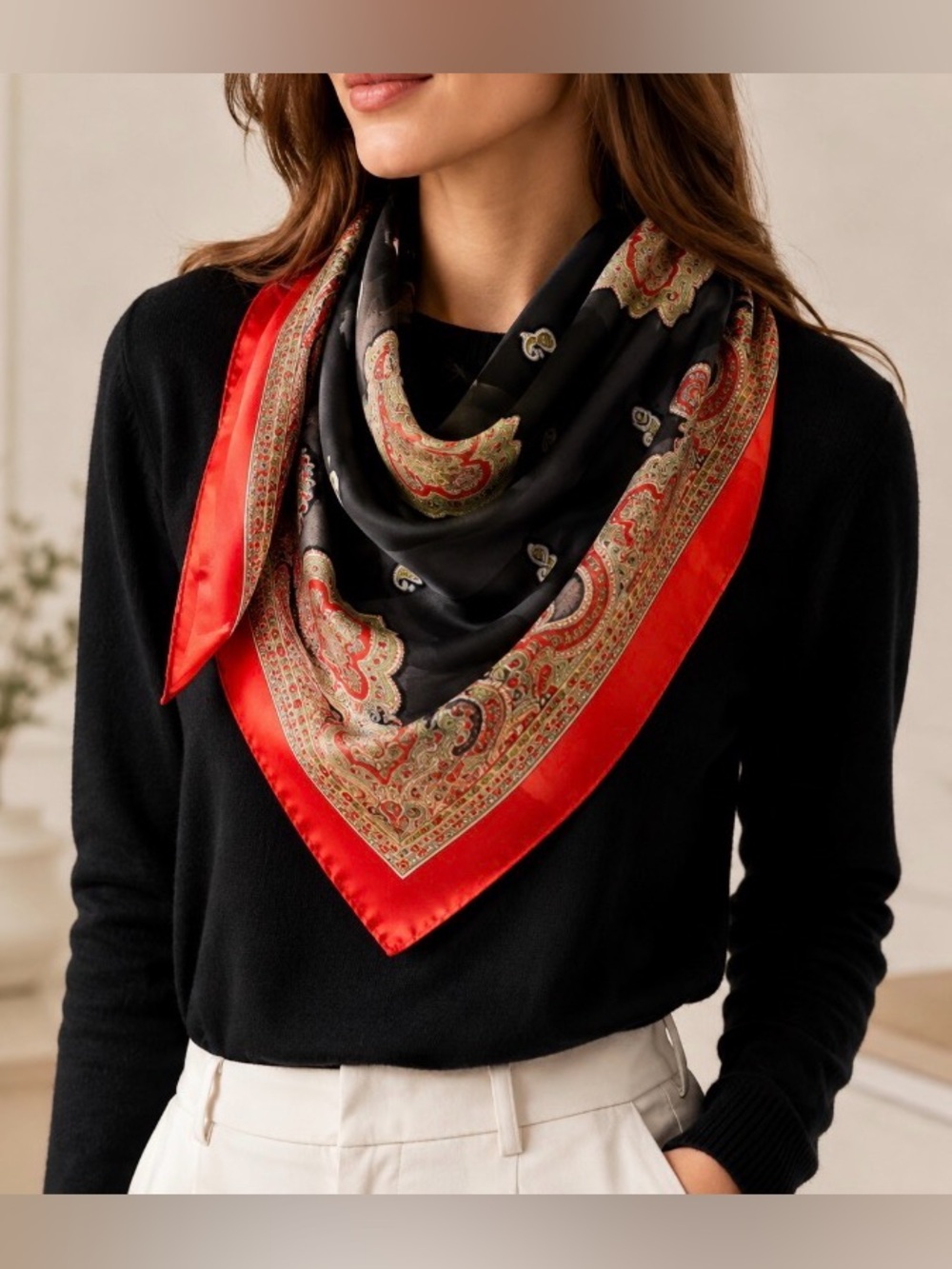 Vintage Franco Laurenti 34" x 34" Rolled Hem Scarf Red Black Paisley Polyester